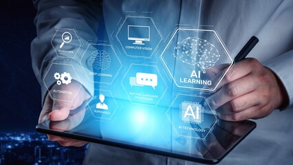 AI learning system involves deep learning, supervised machine learning, and natural language processing. AI learning diagram shows how AI advances learn in automation and data processing. Muxer