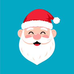 Cute santa claus face in flat style with red hat and white beard isolated on blue