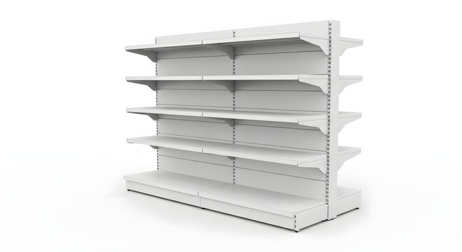 Empty White Supermarket Retail Store Shelving Unit, Blank Product Display Rack Mockup