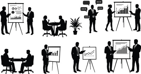 Business presentation silhouettes, office meeting scenes, data analysis, teamwork, corporate discussion, professional communication, chart review, strategy planning, workplace interaction