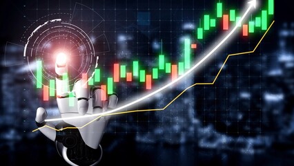 A robotic hand interacts with a digital financial graph, showcasing market growth and analytics in a high-tech urban setting, symbolizing innovation in finance. Copula