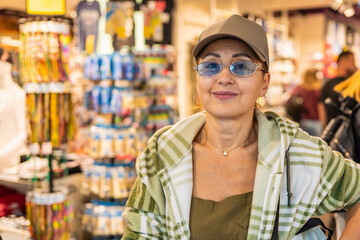 Fototapeta premium Middle-aged Caucasian woman with glasses and a cap stands in a souvenir shop. Colorful merchandise and displays are visible in the background.