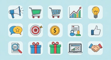 A set of colorful icons representing various business and marketing concepts.