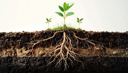 Fototapeta premium Photorealistic Tree Root System with Young Plants on Clean Background