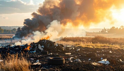 Dramatic Photorealistic Scene of a Burning Waste Pile in an Open Field