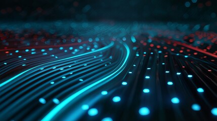 Dynamic abstract flowing light streams with glowing blue and red dots create a futuristic digital data highway