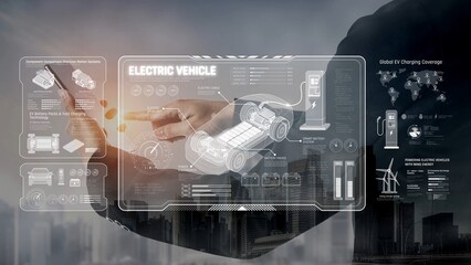 Technical layout of electric vehicle showing battery system, power control, traction motor,...