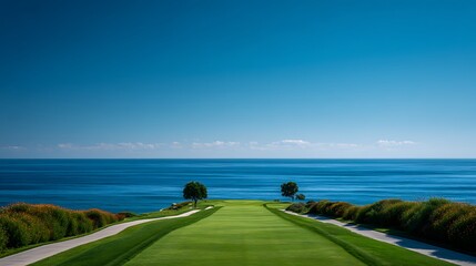 shot from the edge of a water hazard, looking across a still, reflective surface towards a perfectly groomed golf green. The composition is symmetrically balanced with a bridge and lush foliage 