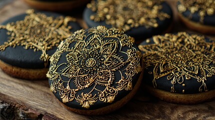 Exquisite black cookies adorned with ornate gold mandala patterns, perfect for luxury celebrations and elegant events