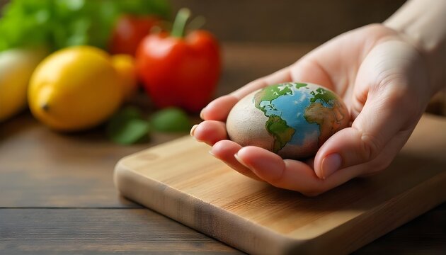A hand holds a globe on a cutting board, surrounded by fresh produce, emphasizing healthy eating and environmental awareness