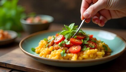 A person holds a fork over a vibrant bowl of pasta topped with fresh vegetables, celebrating World Vegetarian Day