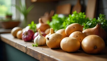 A colorful display of onions, garlic, and parsley on a wooden table, highlighting fresh produce for a healthy lifestyle