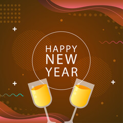 Happy New Year celebration with clinking champagne glasses and festive abstract background design