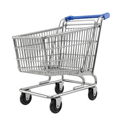Shiny metal shopping cart perfect for e-commerce and retail designs, isolated for easy placement, ideal for sales and consumerism themes