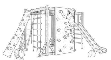 Fototapeta premium Children playing on playground climbing wall in line art style