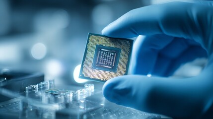 Skilled technician meticulously handles advanced computer processor, symbolizing innovation and technological progress.
