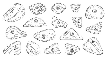 Climbing holds in hand-drawn line art style on white background