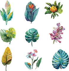 set of colorful flowers and leaves