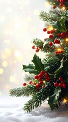 Close-Up Christmas Tree with Holly Berries