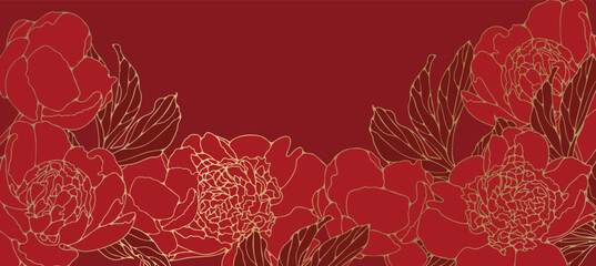 Luxury oriental flower red background vector. Elegant peony flowers and leaves golden line art on red background.
