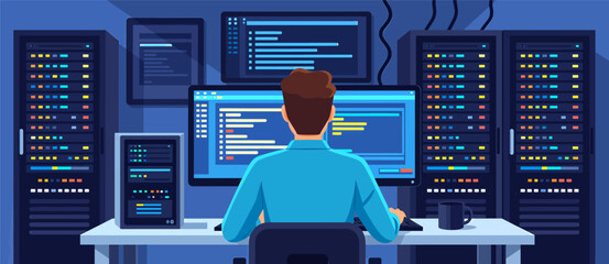 Man working at computer in server room, flat colorful tech scene with monitors
