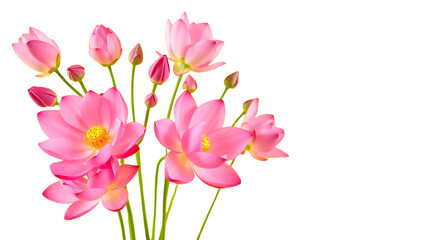 Obraz premium Delicate pink lotus flowers with yellow centers on white background