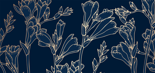 Freesia flowers luxury gold background for wallpapers, covers, wall decorations. Vector floral design in oriental style