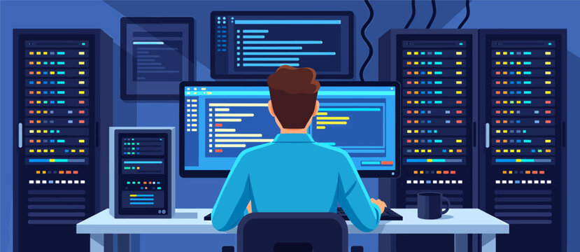 Man working at computer in server room, flat colorful tech scene with monitors