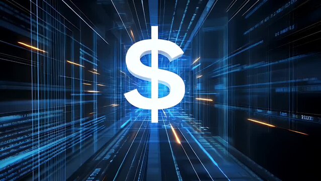 Glowing dollar sign with blue technology light speed motion background