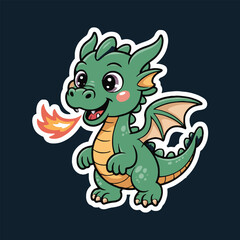 A cartoon green dragon sticker with large eyes and fire coming from its mouth on a dark background
