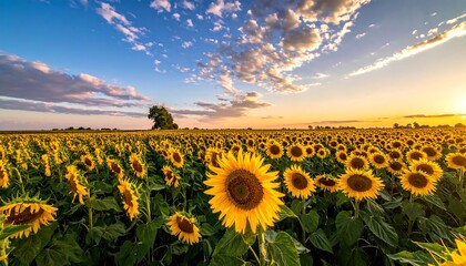 A vast field of blooming yellow flowers under a vibrant sunset sky