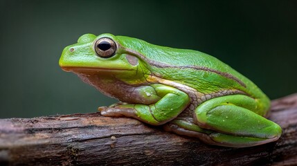 Naklejka premium Vibrant green tree frog with striking eyes rests on textured bark, showcasing nature's intricate beauty up close.