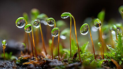 Tiny moss spores with perfect water droplets reflecting the world, a magical macro view of nature's delicate beauty.