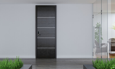 Obraz premium Door way with digital locking on black wood door. Digital door handle with wood oak door panel.