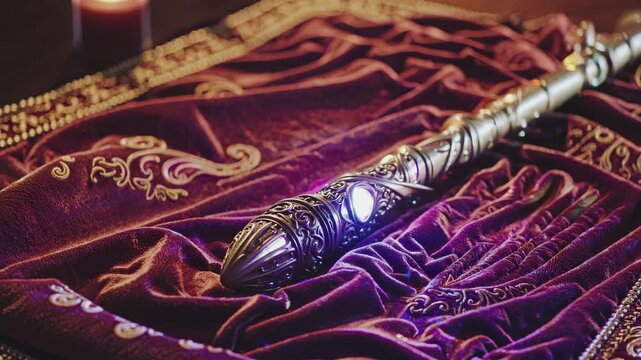 Ornate scepter on luxurious velvet with intricate gold embroidery. Captured in a close-up angle, ideal for a historical or fantasy video theme.