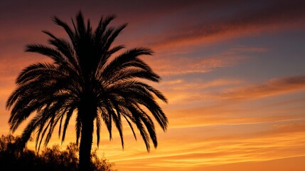 Silhouetted palm tree against a vibrant sunset sky with fiery orange and purple clouds