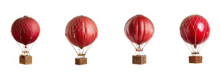 Four red hot air balloon ornaments with gold accents, isolated on transparent background
