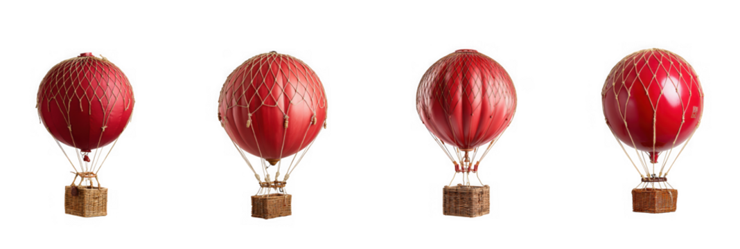 Four red hot air balloon ornaments with gold accents, isolated on transparent background - Powered by Adobe