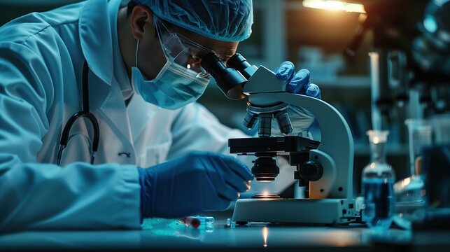 Lung Cancer Awareness Month. medical researcher analyzing lung tissue samples under microscope in laboratory, professional lab equipment