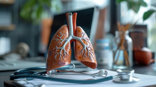 Lung Cancer Awareness Month. anatomical lung model with highlighted disease areas on doctor's desk, stethoscope and medical charts visible, professional medical office setting
