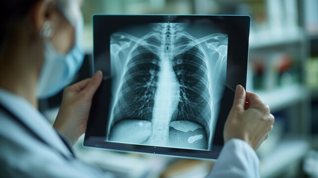 Lung Cancer Awareness Month. doctor examining chest X-ray showing lung cancer nodules on lightbox in modern hospital, professional healthcare setting