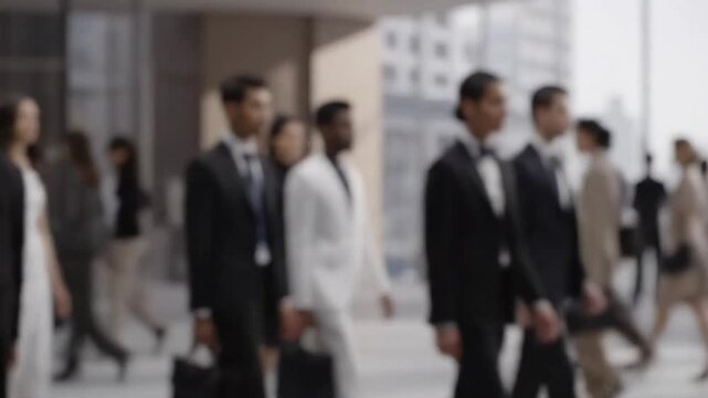 Blurred View of Business People Walking on Urban Street in Daytime Commute Against Skyscraper Exterior in Professional Attire Neutral Tones