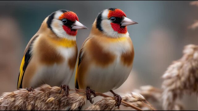 Goldfinches perch together on soft grass in Europe