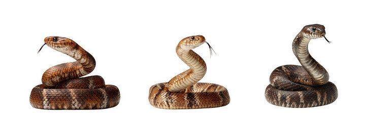 Obraz premium Three rattlesnakes in defensive pose isolated on transparent background