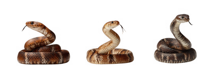 Three rattlesnakes in defensive pose isolated on transparent background