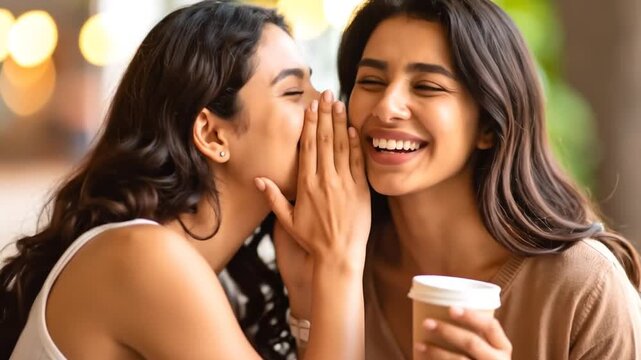 Women whispering with laughing, cafe, and coffee.
