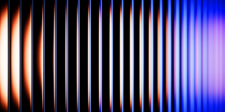 Ribbed fractal neon glass texture effect on black 3d background. Holographic vertical stripe wall with red blue purple gradient. Corrugated translucent surface with light reflection. 3D illustration