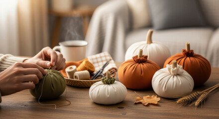 Hands sewing a handmade fabric pumpkin for autumn decor on a wooden table with craft supplies and a hot drink.