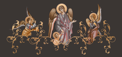 Guardian angel with a kid. Decorative vintage border with angels, illustration in Byzantine style