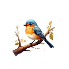 A colorful red-backed bird perches on a branch on a white background